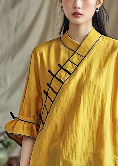 Elegant Yellow V Neck Solid Cotton Blouses Half Sleeve