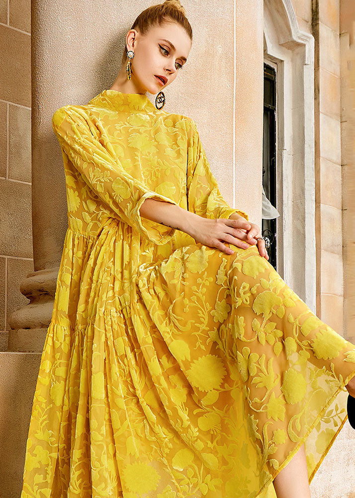 Elegant Yellow Wrinkled Bow Silk Velour Patchwork Long Dress Long Sleeve