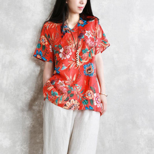 Elegant red pure linen tops Loose fitting traveling clothing New short sleeve prints linen clothing tops