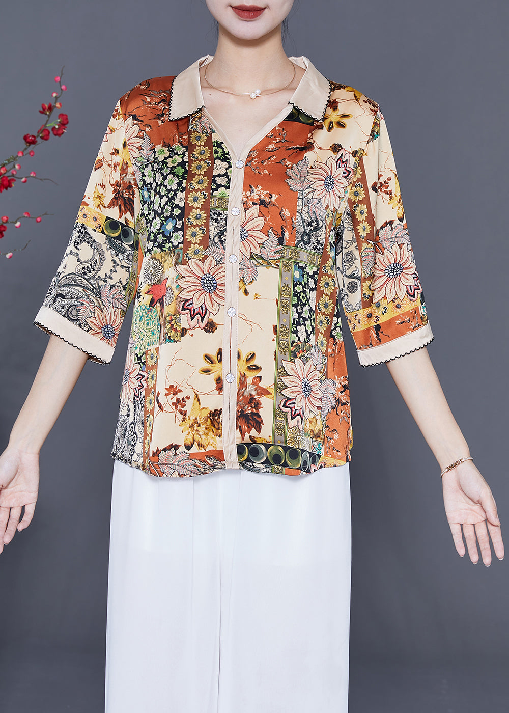 Fashion Beige V Neck Print Silk Shirt Top Half Sleeve