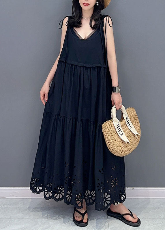 Fashion Black Hollow Out Lace Up Patchwork Cotton Dresses Sleeveless