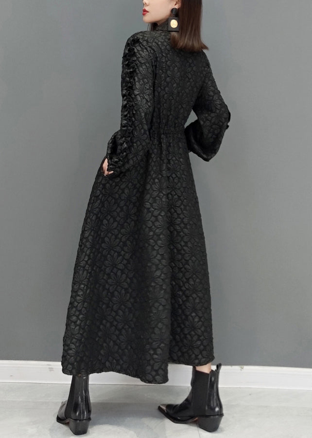 Fashion Black Ruffled Jacquard Patchwork Cotton Long Dress Fall