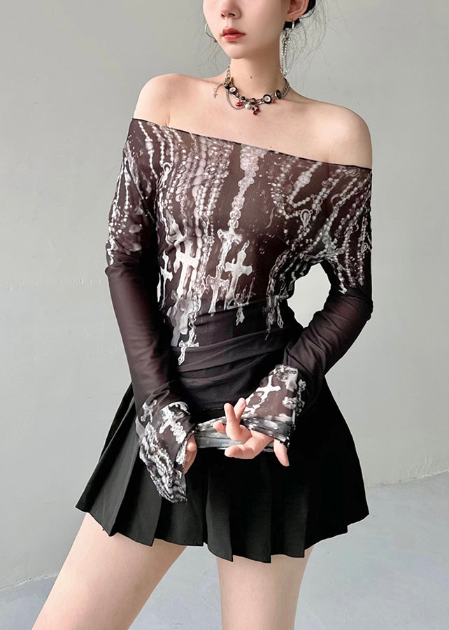 Fashion Black Slash Neck Print Tulle Top Fall