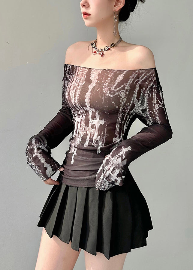 Fashion Black Slash Neck Print Tulle Top Fall