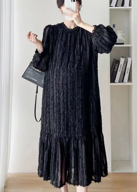 Fashion Black Stand Collar WrinkledPatchwork Lace Dress Fall