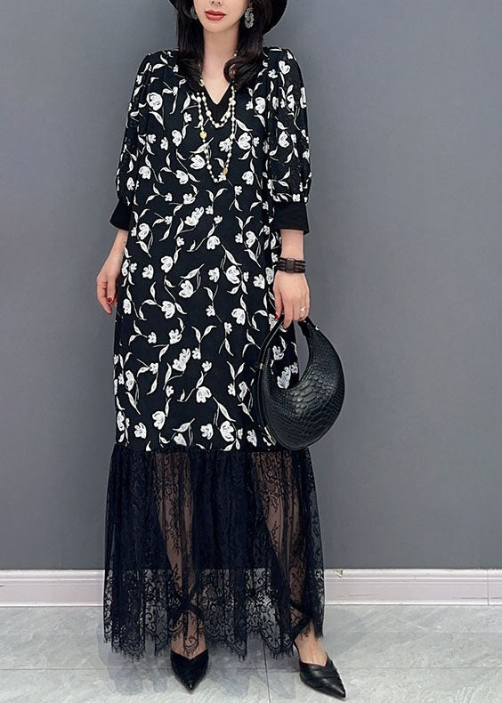 Fashion Black V Neck Print Lace Patchwork Cotton Dress Summer