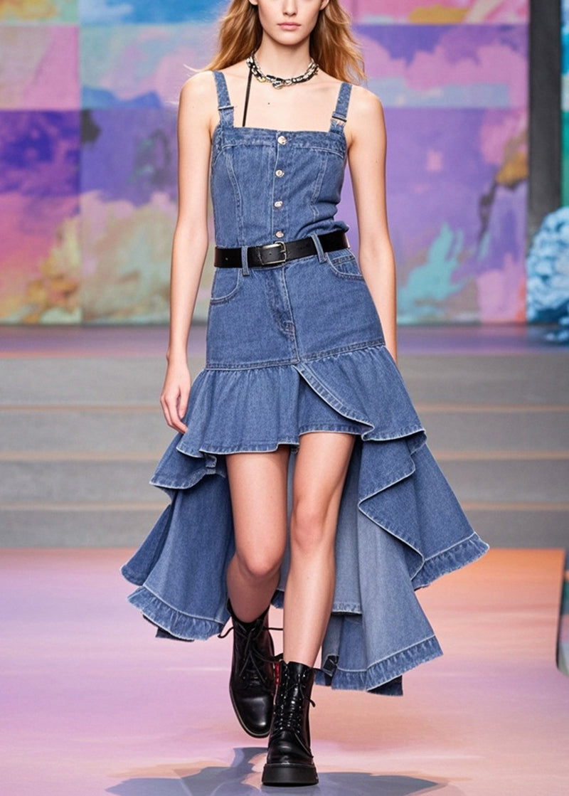 Fashion Blue Asymmetrical Patchwork Denim Wraped Skirts Spring