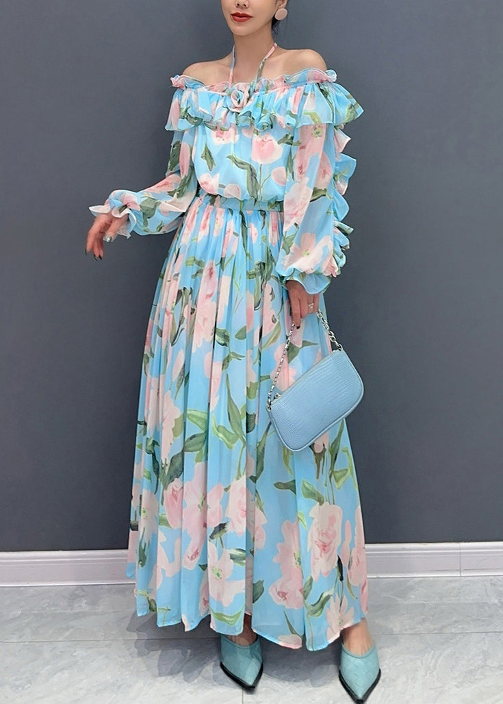 Fashion Blue Cold Shoulder Ruffled Patchwork Chiffon Dresses Long Sleeve