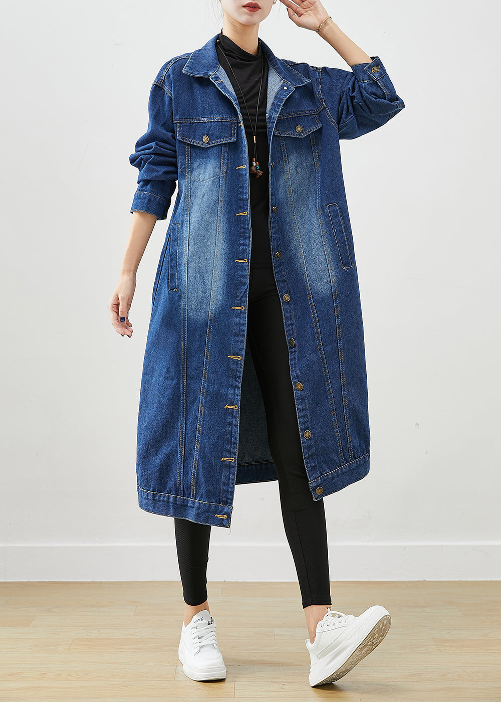 Fashion Blue Oversized Button Down Denim Trench Fall