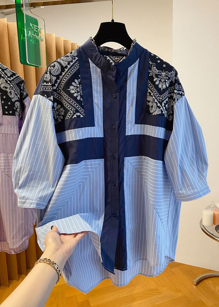 Fashion Blue Stand Collar Print Patchwork Shirt Fall