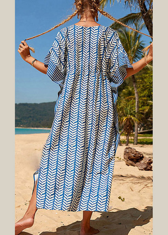 Fashion Blue Striped Print Drawstring Long Holiday Dress Summer