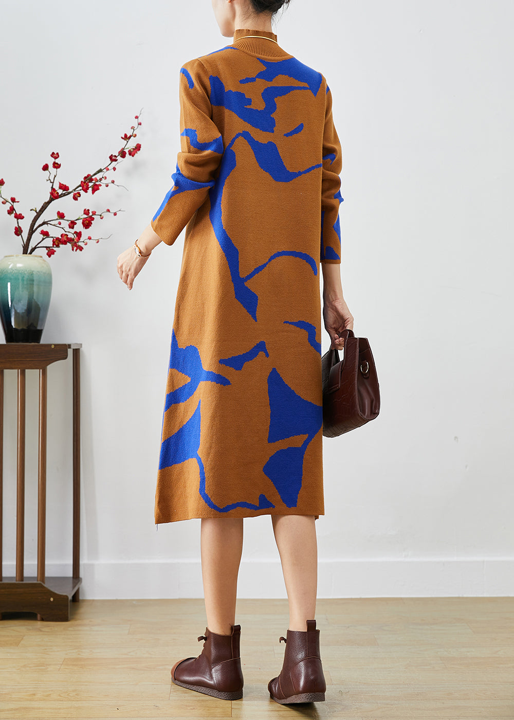 Fashion Camel High Neck Print Knit Dress Fall