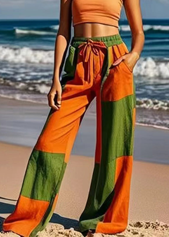 Fashion Colorblock Tie Waist Wide Leg Pants Summer