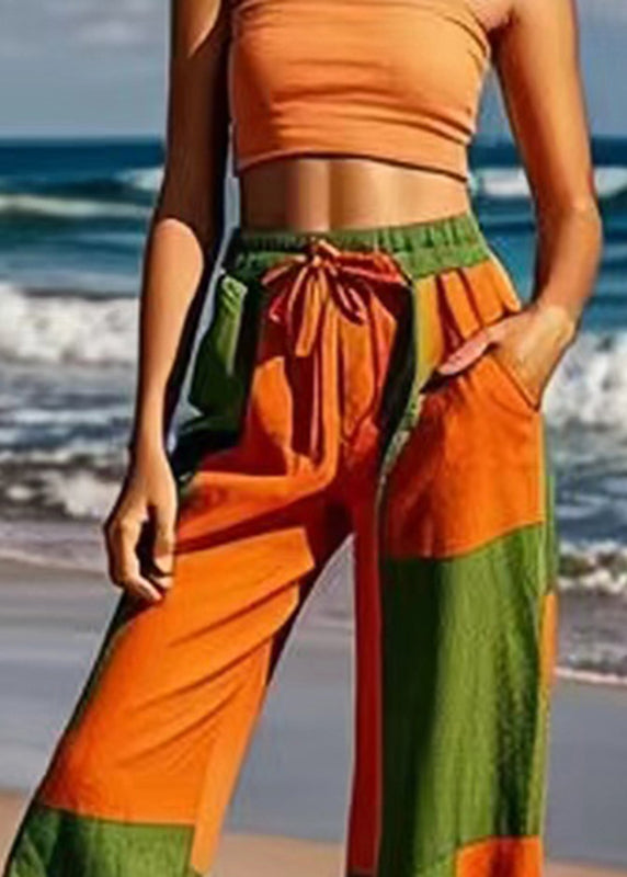 Fashion Colorblock Tie Waist Wide Leg Pants Summer