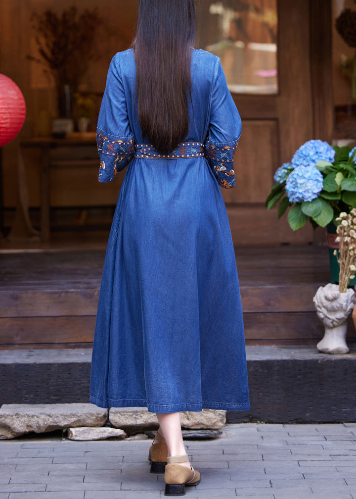 Fashion Denim Navy Patchwork Tie Waist Maxi Dress Flare Sleeve