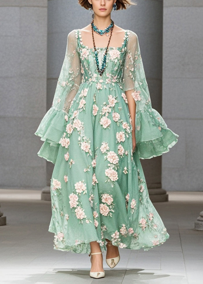 Fashion Grass Green Three-dimensional Floral Chiffon Dress Flare Sleeve