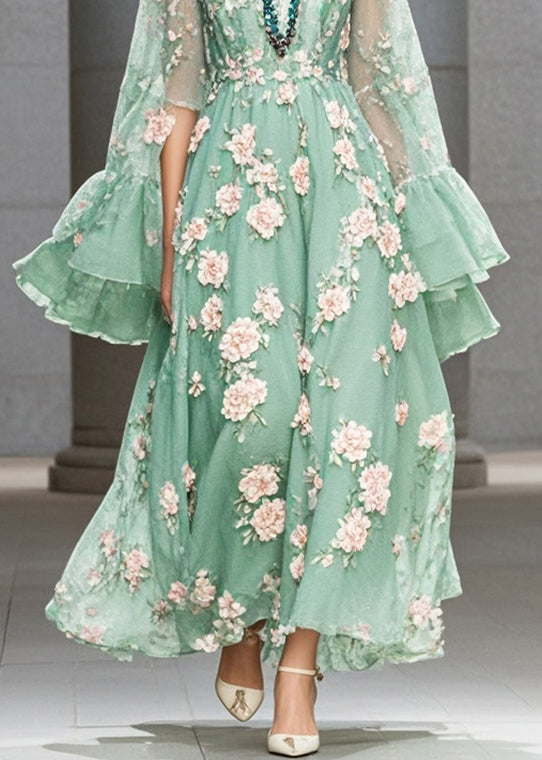 Fashion Grass Green Three-dimensional Floral Chiffon Dress Flare Sleeve