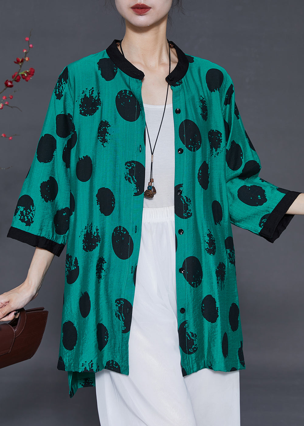 Fashion Green Oversized Print Linen Silk Long Shirt Summer