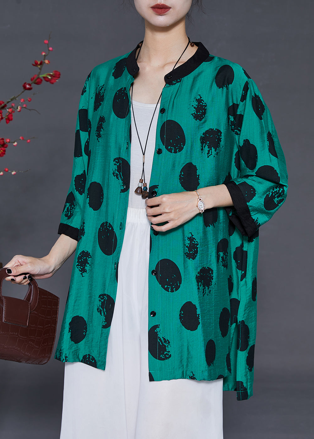 Fashion Green Oversized Print Linen Silk Long Shirt Summer