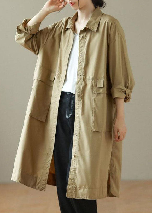 Fashion Khaki Peter Pan Collar Mid Trench Coats Long Sleeve