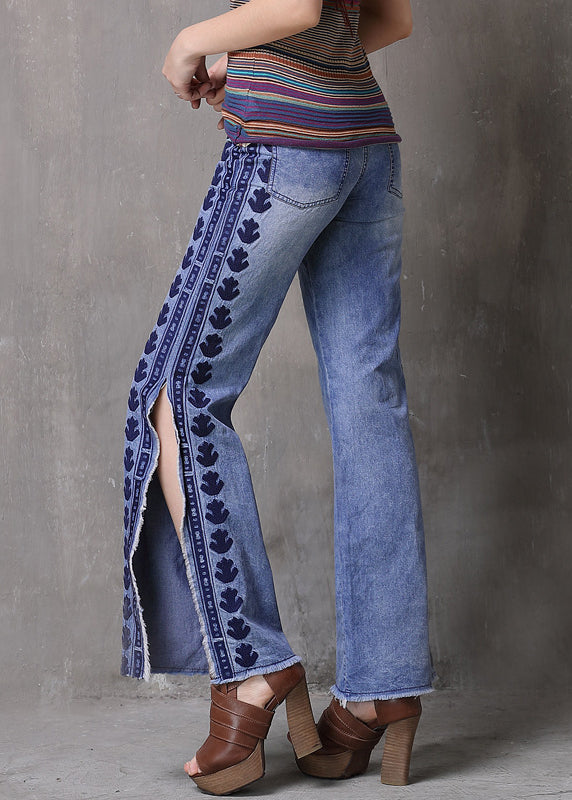 Fashion Light Blue Embroidered Side Open Pockets High Waist Jeans Summer