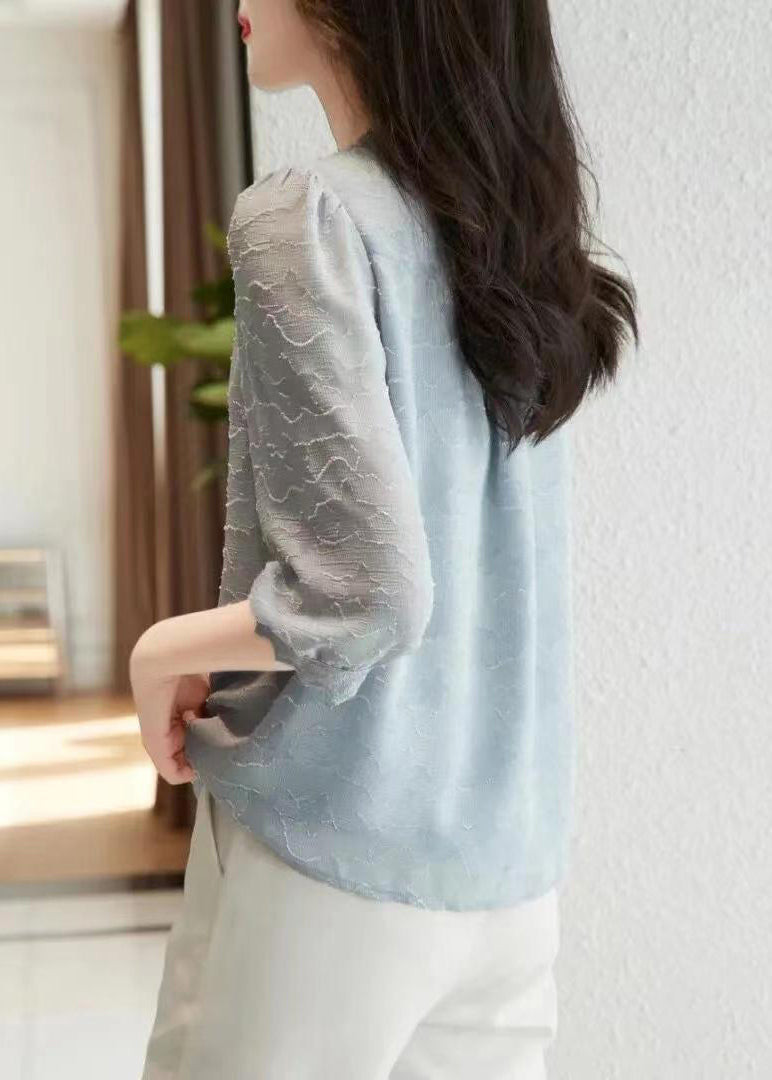 Fashion Light Blue V Neck Button Cotton Shirt Tops Half Sleeve