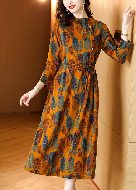 Fashion Orange Print Tie Waist Long Dresses Long Sleeve