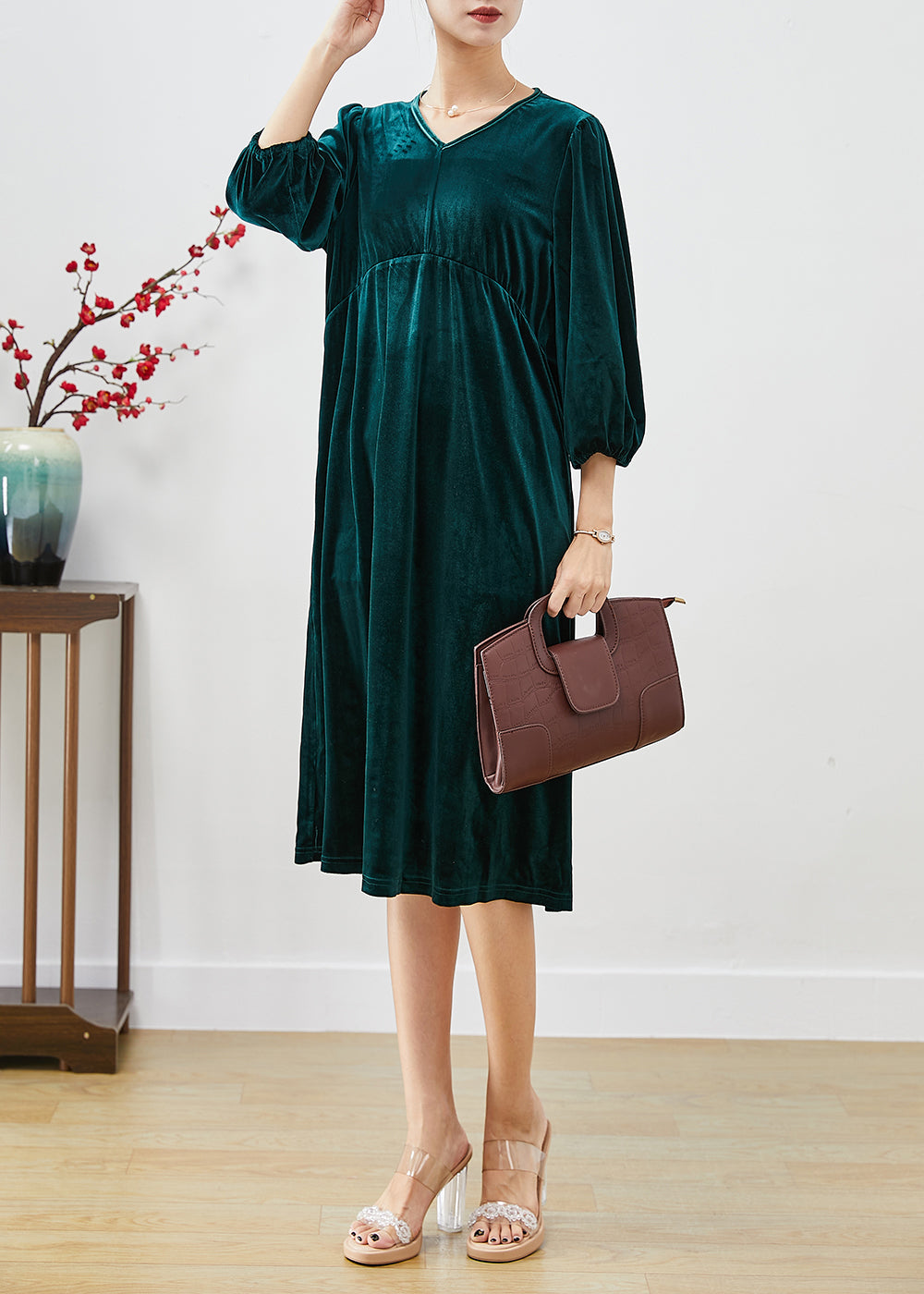 Fashion Peacock Green Oversized Patchwork Silk Velour Holiday Dress Lantern Sleeve