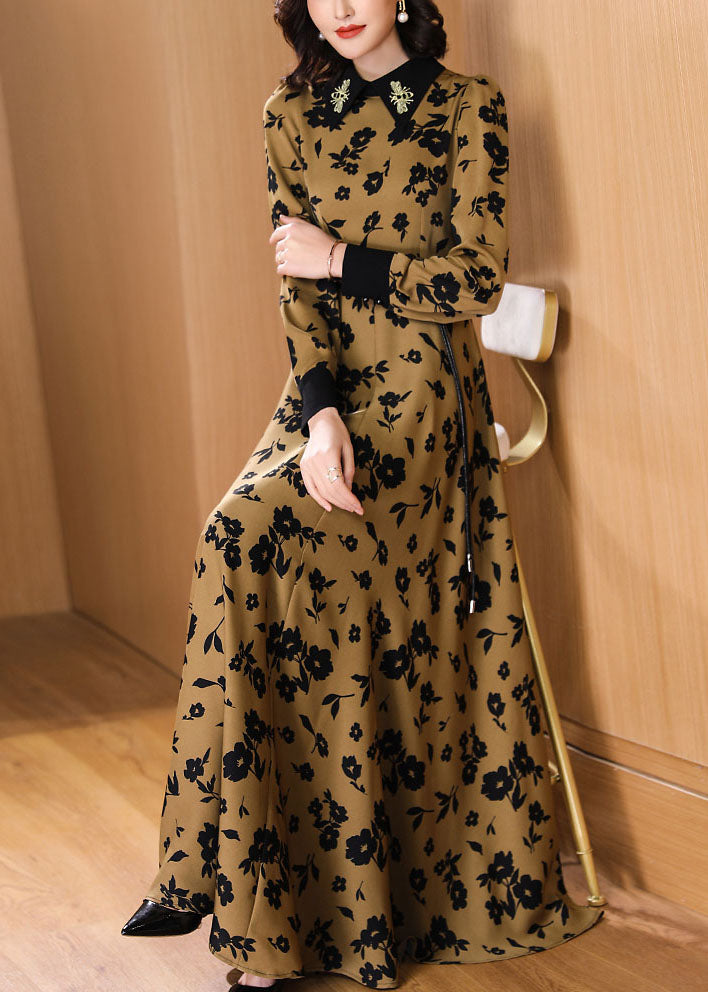 Fashion Peter Pan Collar Print High Waist Tie Waist Chiffon Maxi Dresses Fall