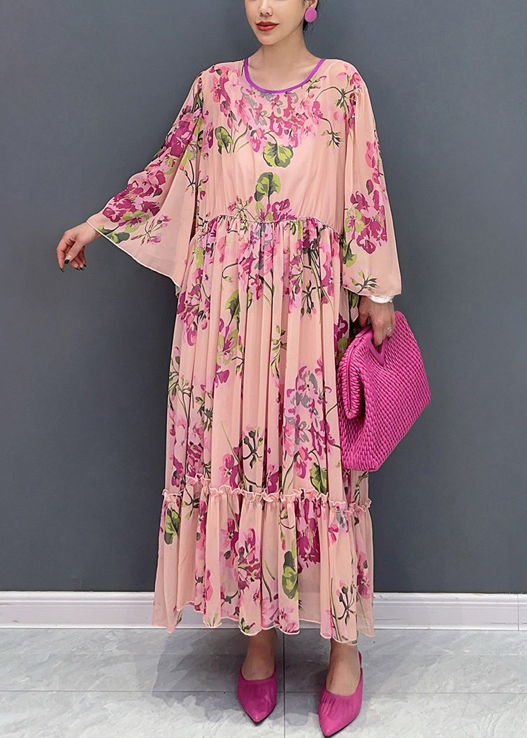 Fashion Pink Ruffled Print Tie Waist Chiffon Dress Flare Sleeve