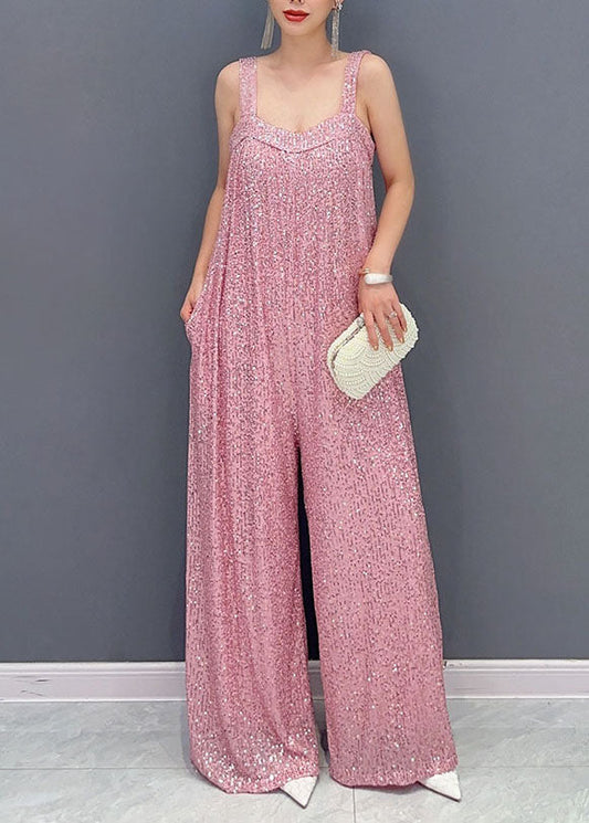 Fashion Pink Slash Neck Sequins Spaghetti Strap Jumpsuit Summer