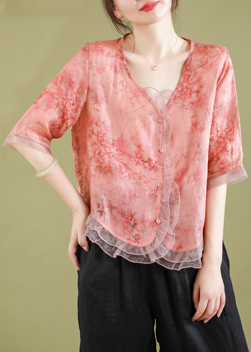 Fashion gray-floral Ruffled Button Patchwork Linen Blouse Top Summer