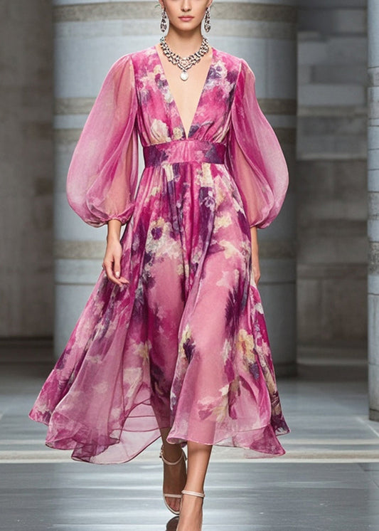 Fashion Rose Cinched Print Chiffon Robe Dresses Bracelet Sleeve