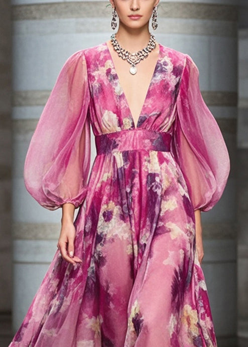 Fashion Rose Cinched Print Chiffon Robe Dresses Bracelet Sleeve