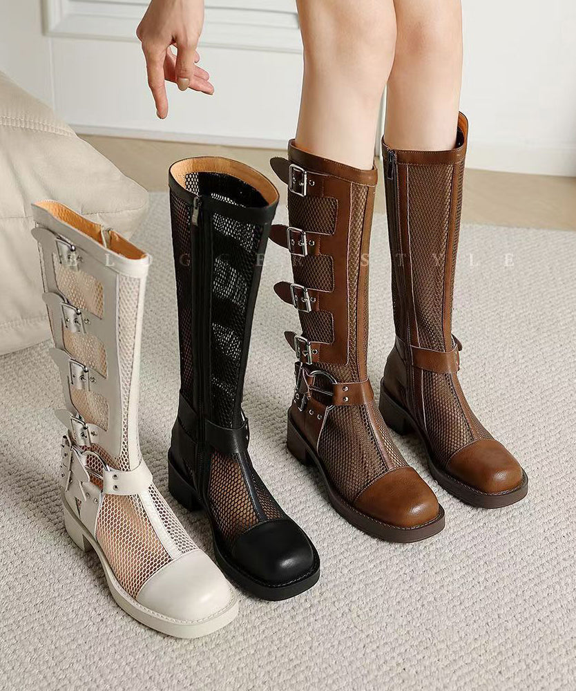 Fashion Splicing Chunky Hollow Out Breathable Boots Beige Genuine Leather