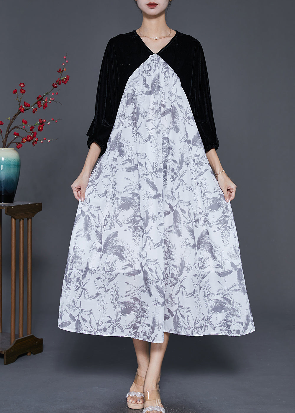 Fashion White Oversized Patchwork Silk Velour Chiffon Dress Spring