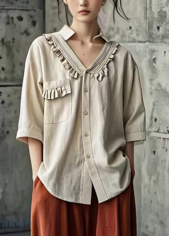 Fine Beige Peter Pan Collar Patchwork Pockets Shirt Summer