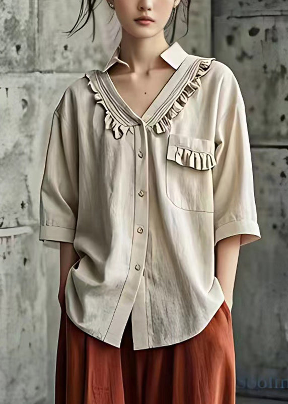 Fine Beige Peter Pan Collar Patchwork Pockets Shirt Summer