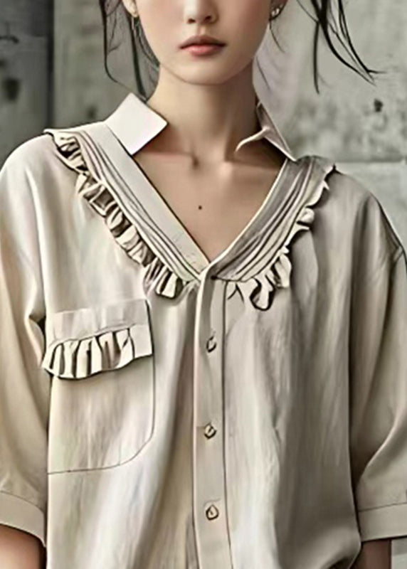 Fine Beige Peter Pan Collar Patchwork Pockets Shirt Summer