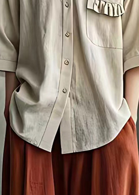 Fine Beige Peter Pan Collar Patchwork Pockets Shirt Summer