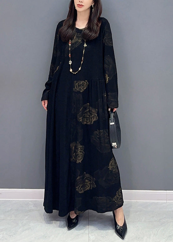 Fine Black O Neck Floral Patchwork Cotton Long Dress Fall