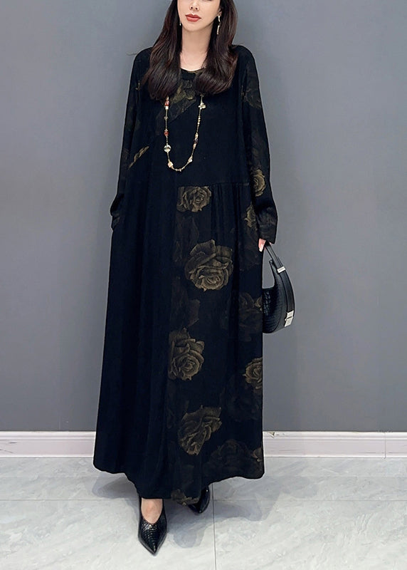 Fine Black O Neck Floral Patchwork Cotton Long Dress Fall