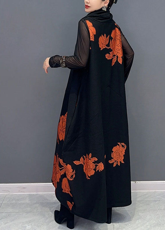 Fine Black Patchwork Orange Turtleneck Print Tulle Patchwork Knit Long Dresses Long Sleeve