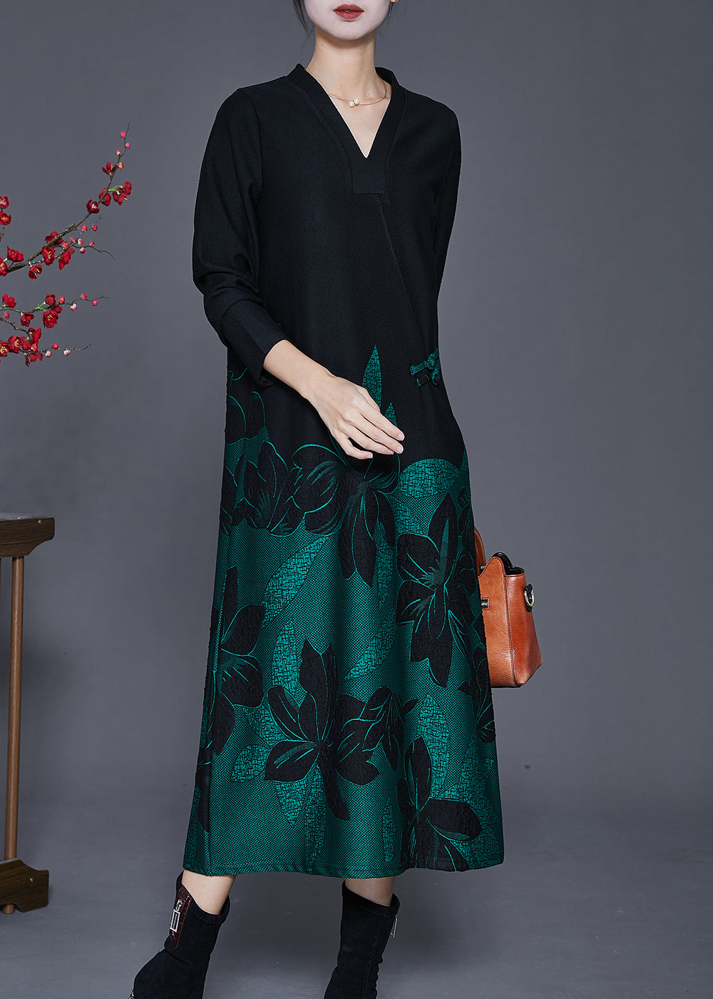 Fine Black V Neck Print Spandex Long Dress Spring