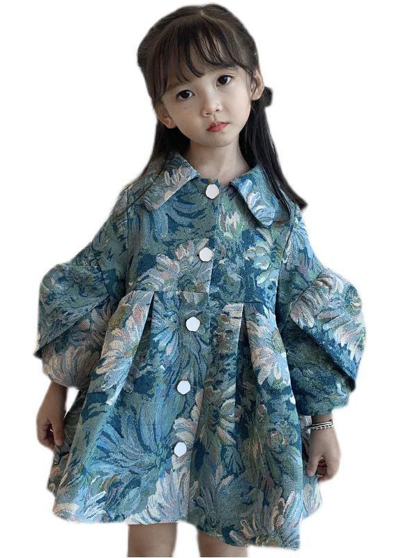 Fine Blue Peter Pan Collar Wrinkled Patchwork Cotton Kids Girls Trench Fall