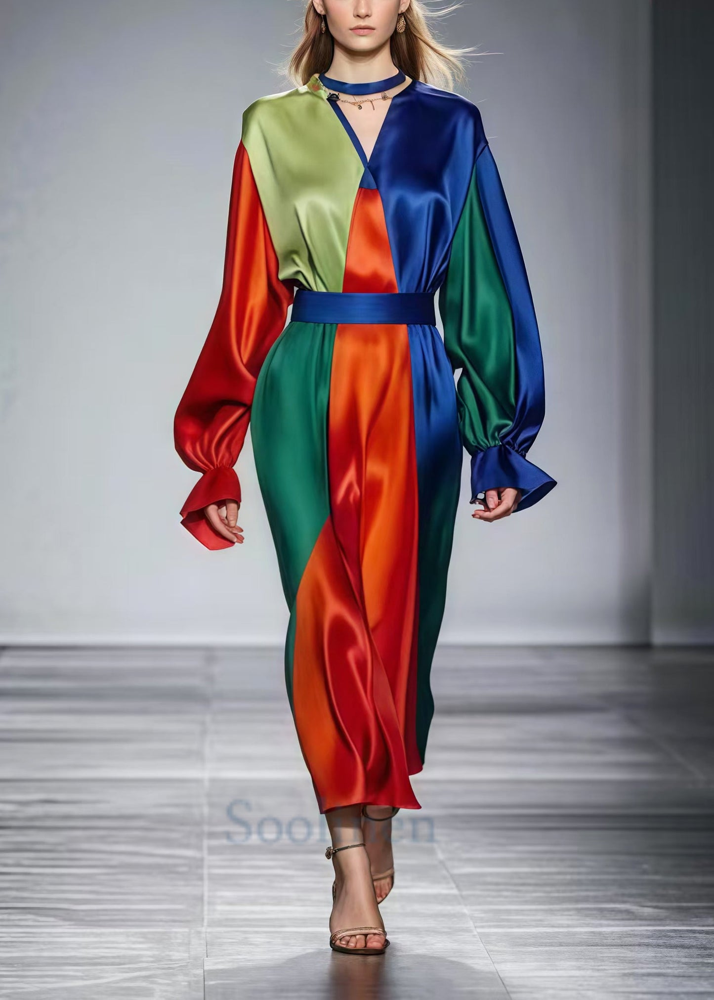 Fine Colorblock Cinched Patchwork Silk Vestidos Dress Spring