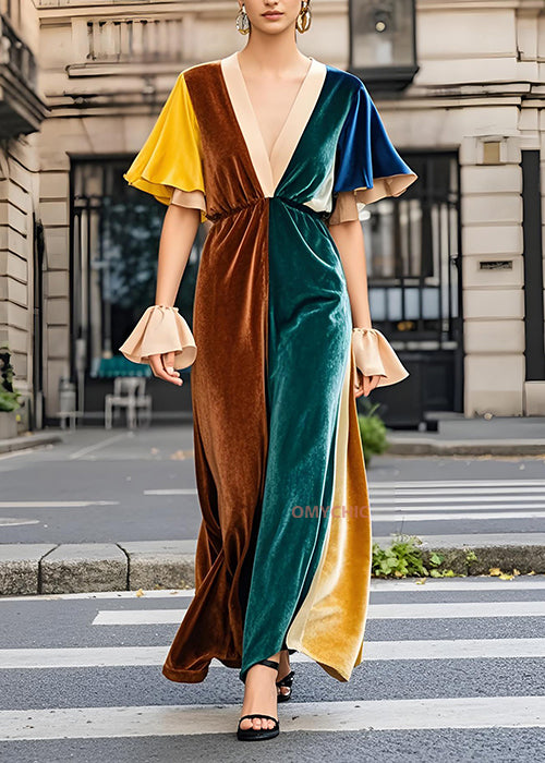 Fine Colorblock V Neck Velvet Long Dress Butterfly Sleeve