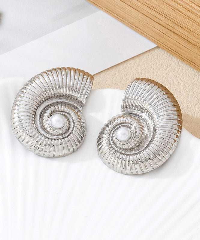 Fine Gold Sterling Silver Overgild Inlaid Pearl Snail Shell Stud Earrings