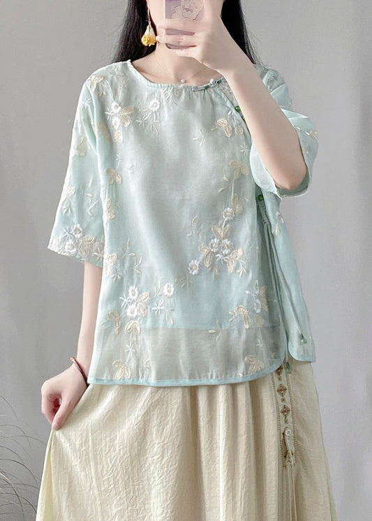 Fine Green Embroidered Button Silk Linen Top Half Sleeve