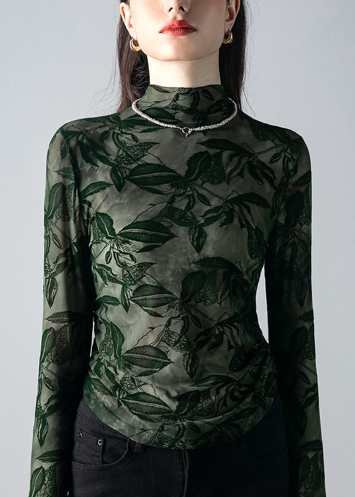 Fine Green Hign Neck Print Slim Fit Tulle Shirt Fall